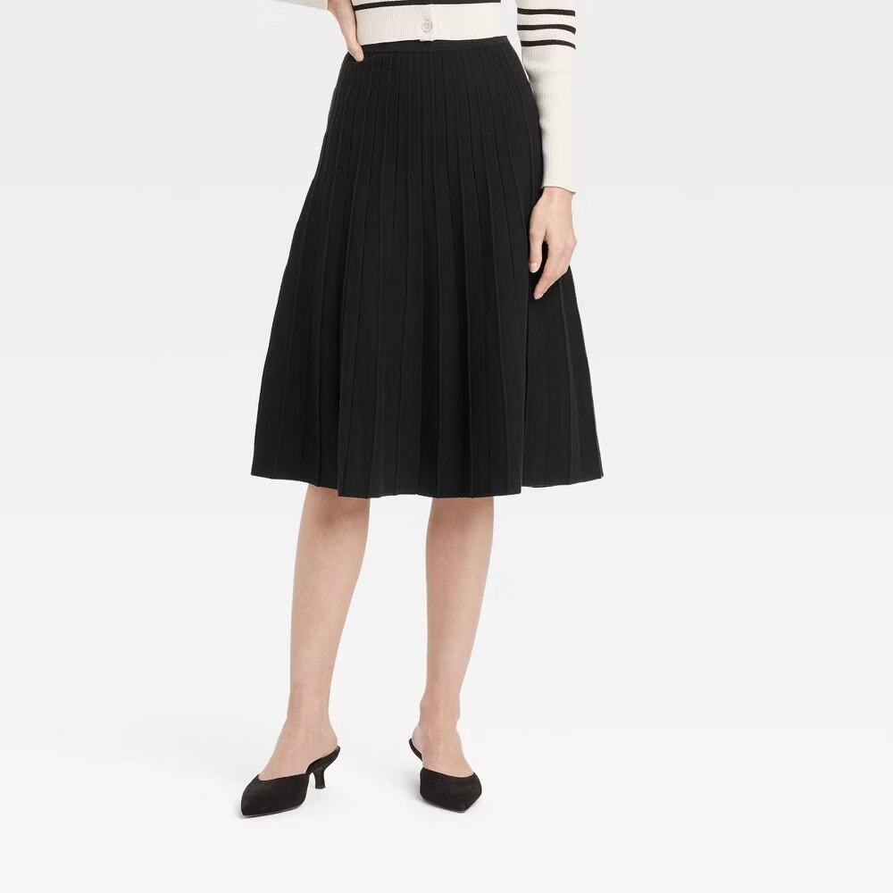 A New Day (XL) Black Pleated Ribbed Knit KneeLength Skirt Work Office Minimalist
